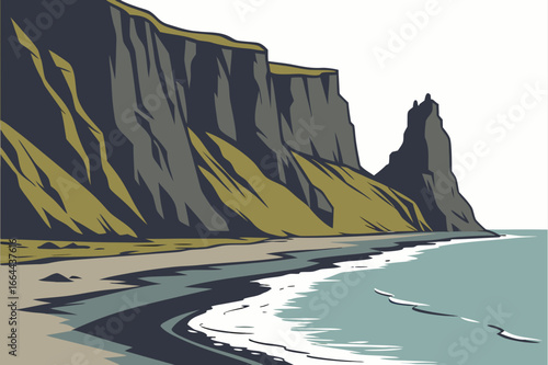 A volcanic black sand beach in Iceland with towering basalt cliffs, modern flat illustration style.