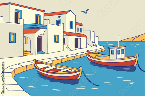A traditional fishing village on stilts in Halong Bay, Vietnam, with limestone karsts in the background, modern flat illustration style.