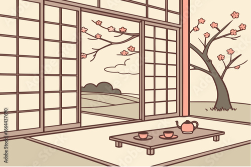 Traditional tea ceremony in Kyoto with tatami mats and cherry blossoms, modern flat illustration style