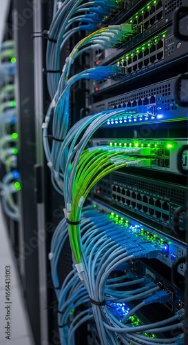 Network servers with colored lights and cables