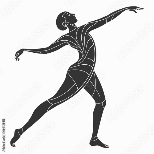 Stylized art deco dancer with flowing lines in a dynamic pose against a white background image created with generated ai
