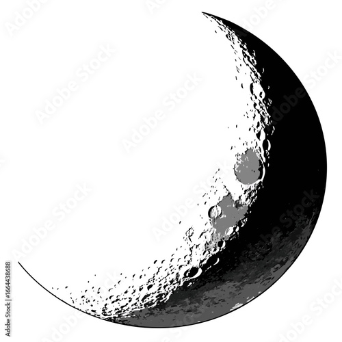 Illustration of a crescent moon with visible craters and surface texture in black and white drawing style created with generated ai