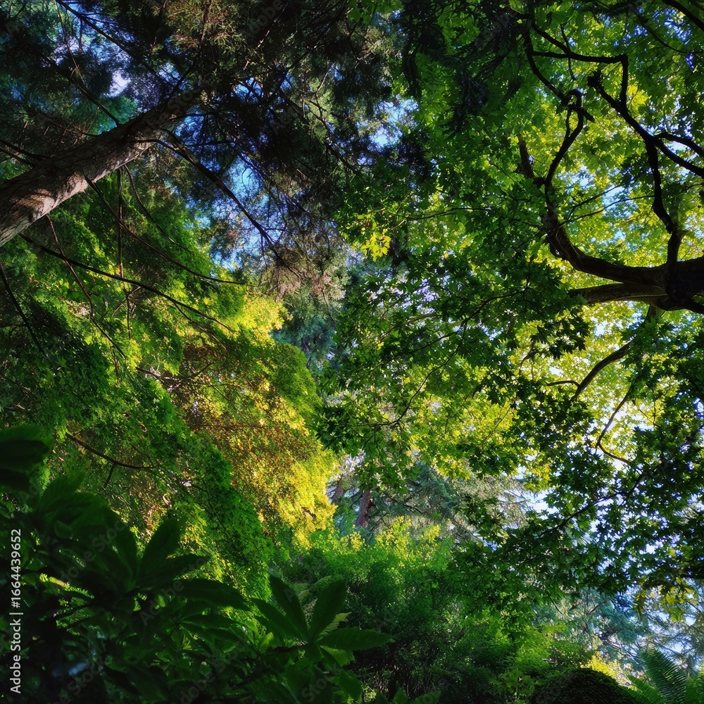Obraz premium A vibrant and lush forest canopy with diverse green foliage, seen from a low angle, highlighting the abundant leaves and branches against the dappled sunlight and blue sky.