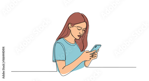 Young woman engrossed in her mobile device while wearing glasses and a casual t-shirt focused on digital interaction
