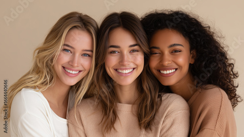 Portrait of a group of young women isolated on a beige background	