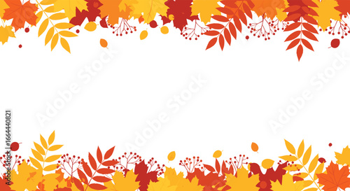 Beautifully decorated autumnal border design with falling leaves and delicate sprigs of flora