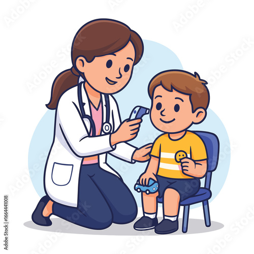 A lady doctor checks a small boy's temperature with a digital thermometer cute cartoon