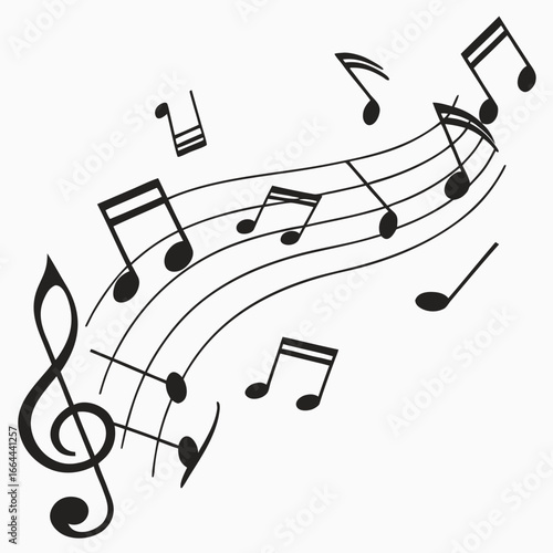 Musical composition illustration featuring a treble clef and various musical notes on lines and spaces created with generated ai