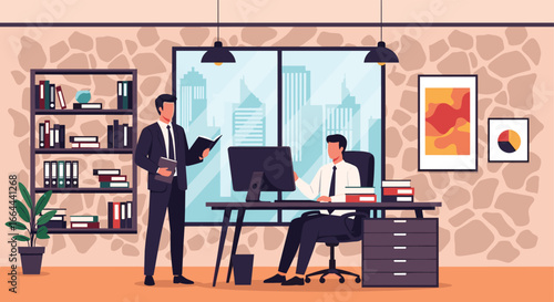 Two businessmen collaborate in a modern office environment discussing project details and future strategies for success