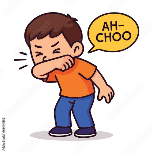 Sneezing boy feeling sick sneezing into the crook of his elbow to prevent germs spreading