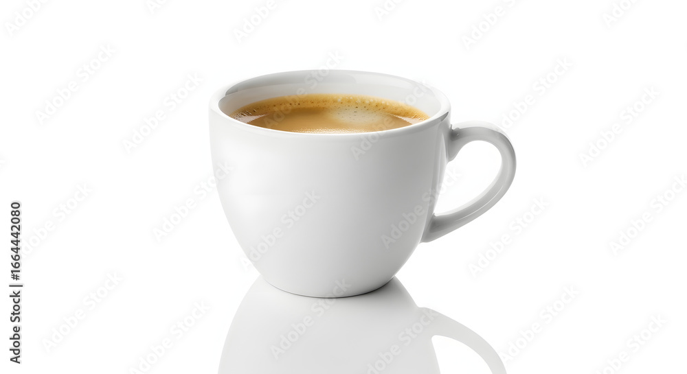 Fototapeta premium A white ceramic mug filled with coffee, sitting on a reflective surface.