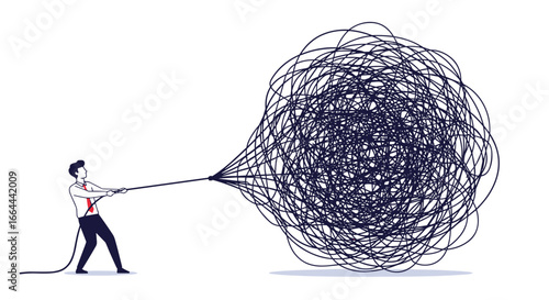 A determined person pulling a complex tangled mess of a rope symbolizing overcoming challenges and difficult problems