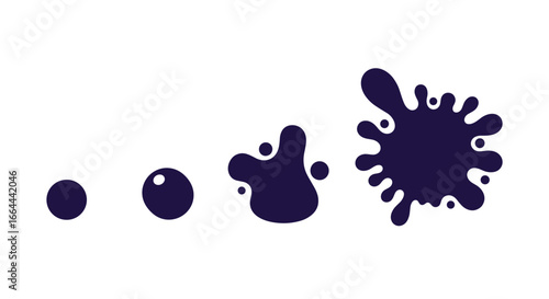 Dark blue liquid droplet splattering and spreading out on a white background illustrating a sequence of movement and expansion