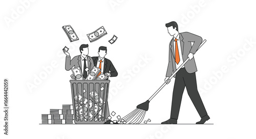 Business professionals cleaning up financial messes and sweeping away clutter from their desks