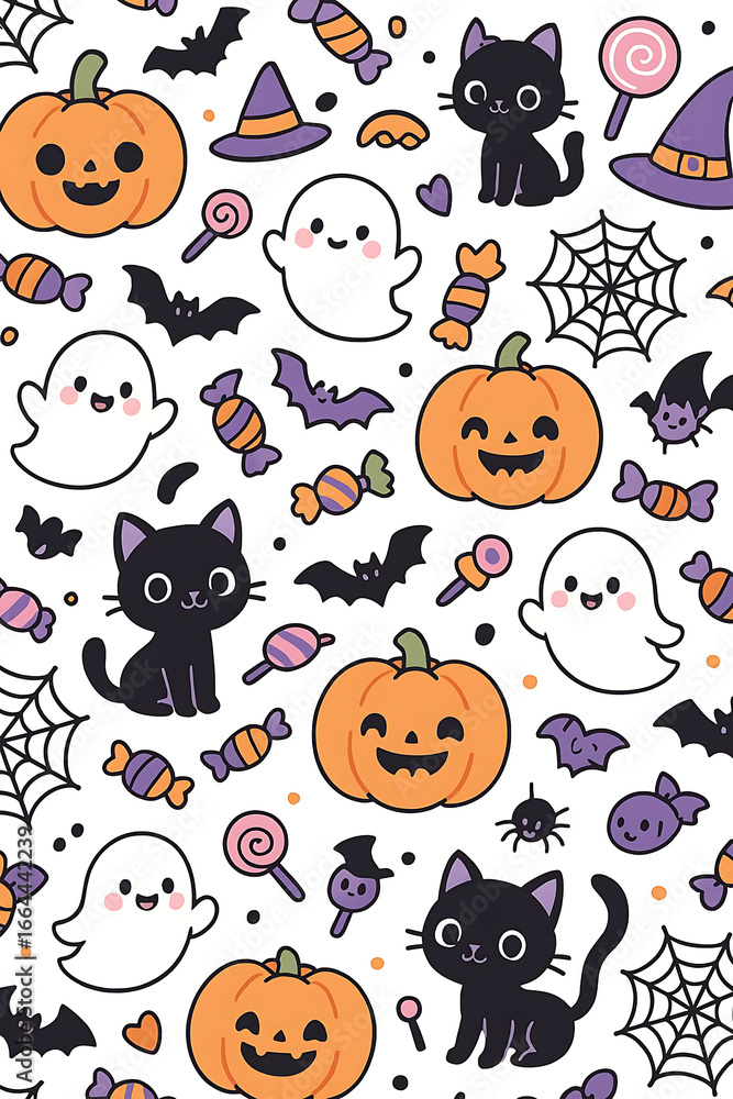 Fototapeta premium Halloween seamless pattern with pumpkins, ghosts, cats, bats and candies on white background.