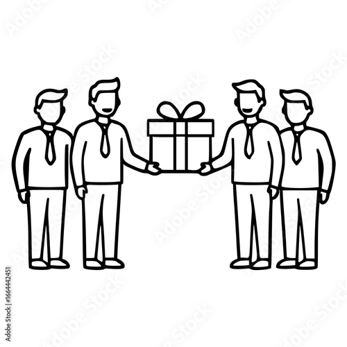 Four businessmen giving a gift box in a professional setting illustration