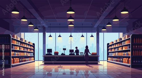 Pixel art grocery store interior with customer at checkout counter and shelves stocked with products