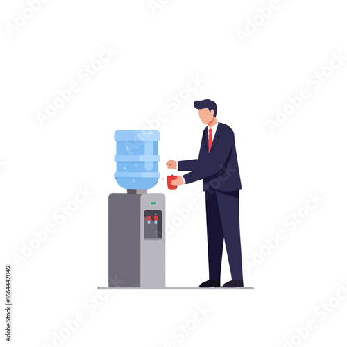Businessman filling a cup with water from a water cooler in an office setting