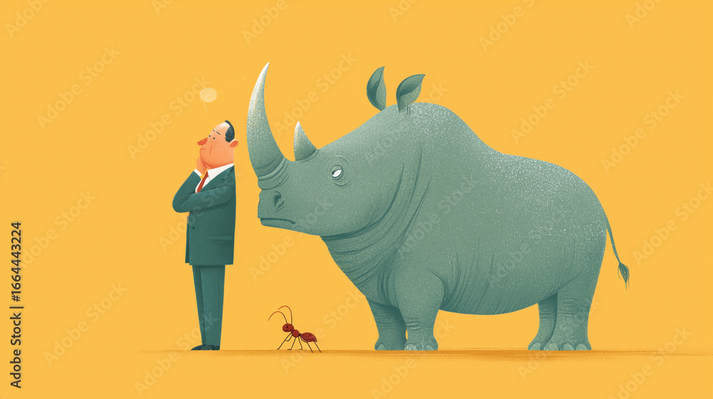 Fototapeta premium Rhinoceros human yellow partnership for power management