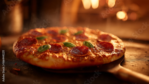 Freshly baked pizza papperoni being taken out of a wood fired oven