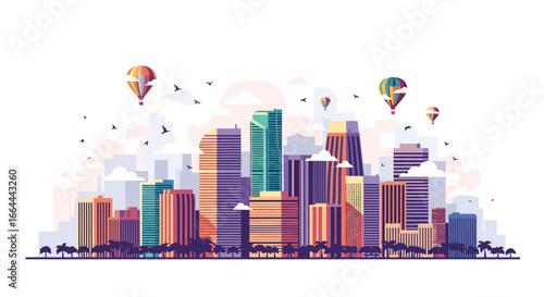 Vibrant metropolis skyline with hot air balloons and cityscape birds flying over tall buildings under a bright sky