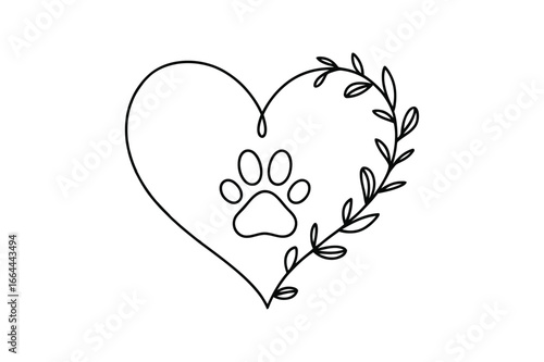 One Line Drawing of a Heart with a Paw Print | Vector Art for Pet Love and Animal Care.