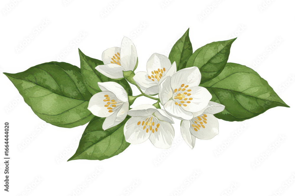 Obraz premium Jasmine flower with leaves watercolor isolated on white background