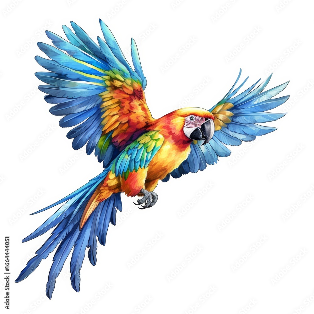 Obraz premium A high-quality digital illustration of a colorful macaw soaring with its wings fully extended, highlighting the rich textures and hues of its feathers.