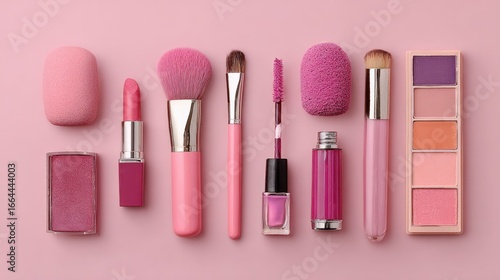Pink makeup products arranged on a pink background