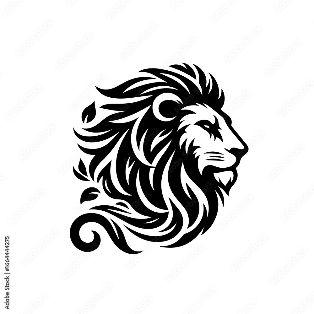Obraz premium Stylized black lion head profile with flowing mane and leaves