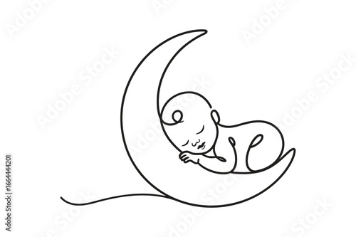 Continuous Line Drawing of a Baby Sleeping on a Moon | Vector Art for Childhood and Dream.