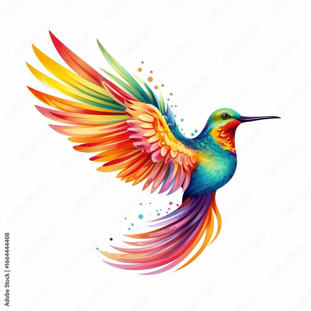Obraz premium Exquisitely detailed watercolor illustration of a vibrant hummingbird in flight, showcasing a brilliant rainbow of colors from its body to its wings and tail.