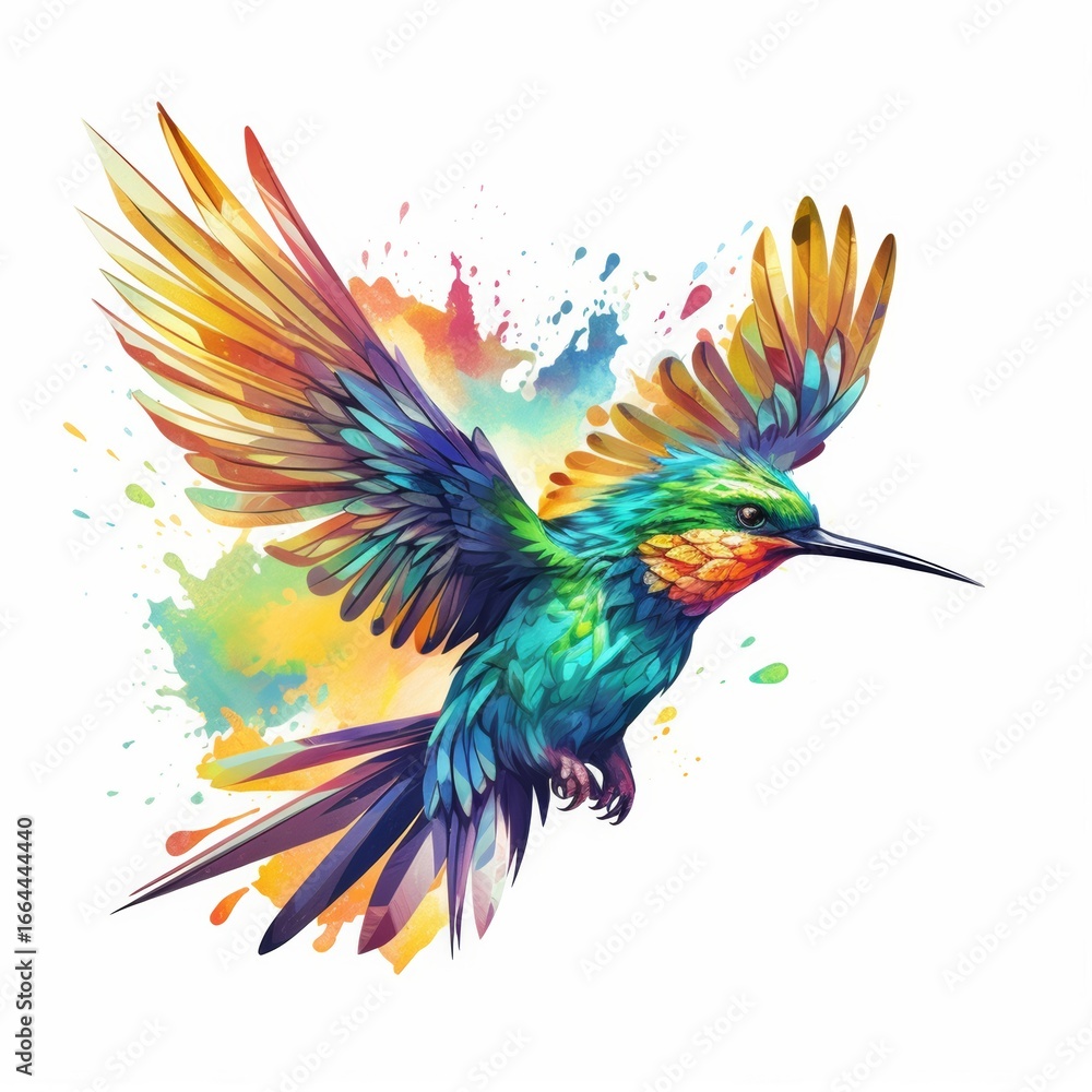 Fototapeta premium An energetic watercolor illustration of a hummingbird, displaying a stunning blend of bright colors from green to orange, with a backdrop of colorful paint splatters.