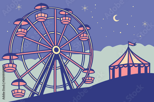 Midnight carnival rides spinning under a deep indigo sky