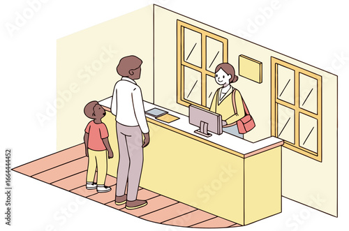 parents waiting at a new orleans daycare sign-in desk with flyers for digital attendance check-in