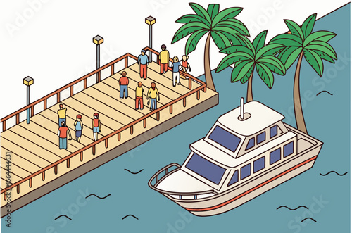 tourists at a key west boat tour dock with a sign urging online booking for same-day trips