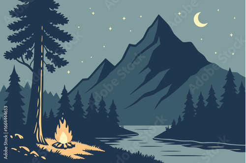 Campfire glowing beside a mountain lake under a sky full of stars