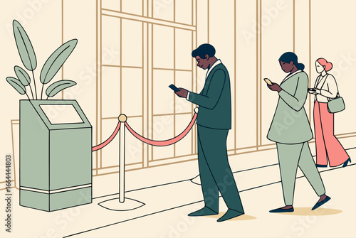 guests lined up at a san diego hotel reception with a display for mobile check-in