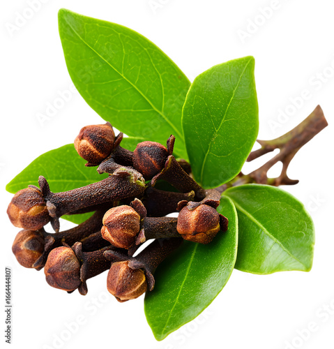 Close-up view of aromatic clove buds and green leaves, showcasing their natural beauty and texture