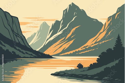 Glassy fjord waters reflecting dramatic peaks at golden hour