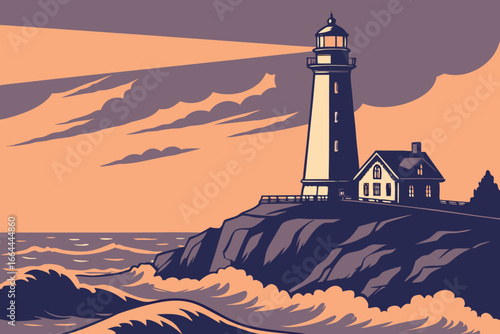 Lonely lighthouse on a cliffside against crashing waves at dusk