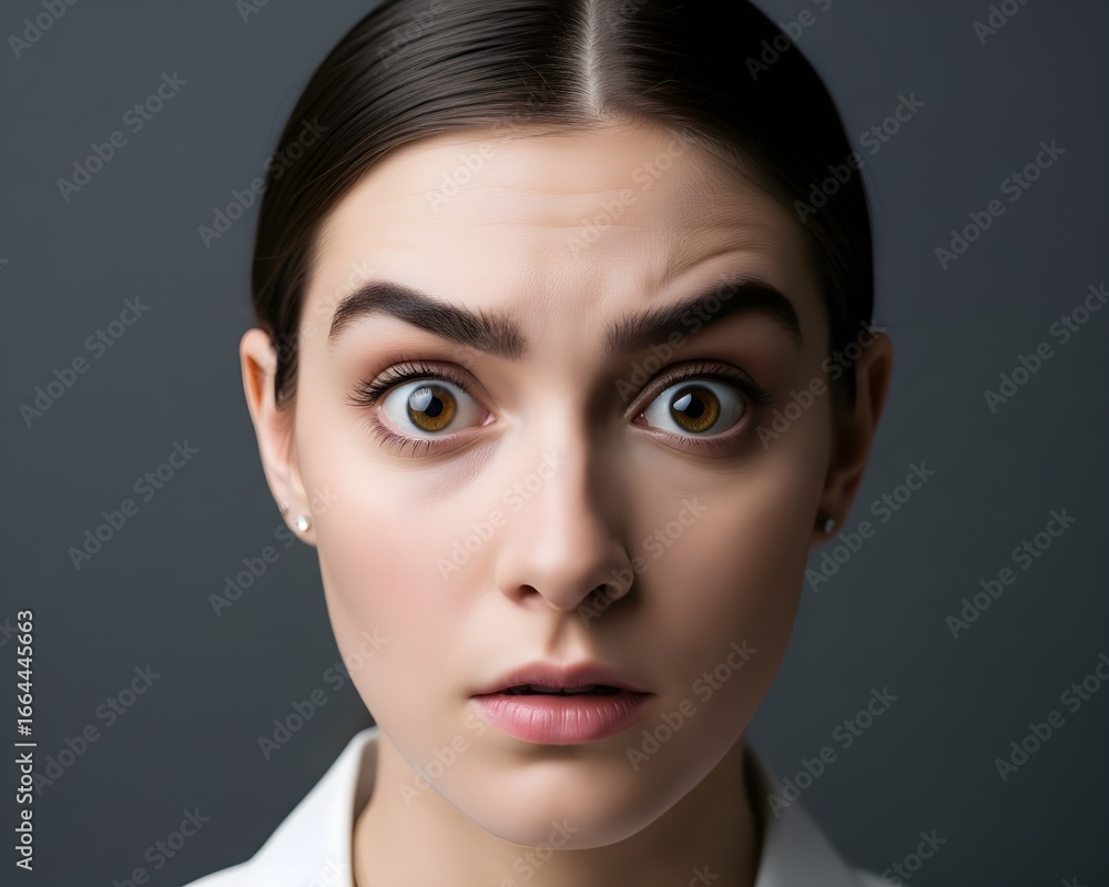 Naklejka premium Astonished Young Woman with Raised Eyebrows and Wide Eyes