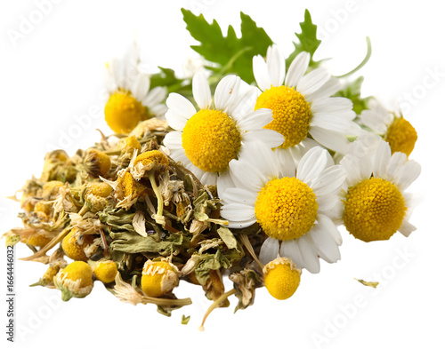 Fresh chamomile flowers and dried herbs arranged artistically on a white background, ideal for wellness