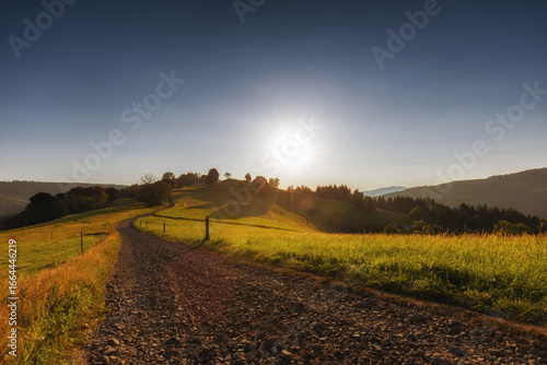 Fototapeta Naklejka Na Ścianę i Meble -  Górski krajobraz wśród wzgórz i bujnych zielonych pól, złota godzina, naturalne piękno, Beskidy, Cieńków, Polska
