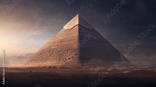A majestic pyramid rises against a dramatic sky, showcasing ancient architecture in a barren desert landscape.