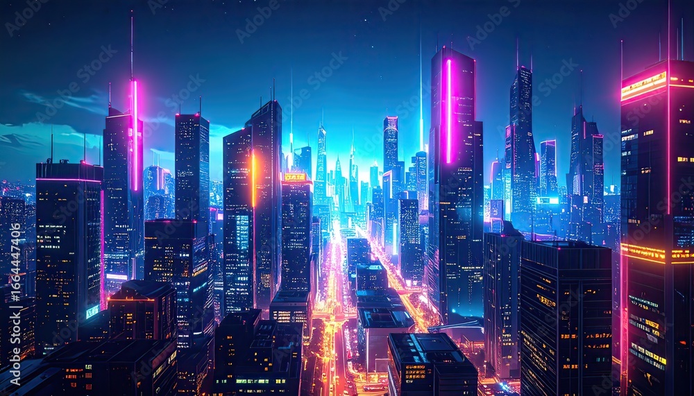 Fototapeta premium Cyberpunk Cityscape at Night with Neon Glow