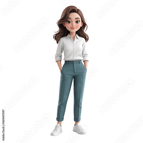 3D cartoon woman character with brown hair, Isolated on transparent background.

