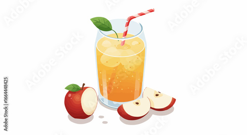 Fresh Apple Juice with Ice and Straw, Half Apple and Slices Isolated on White Background. Healthy Summer Drink Illustration.