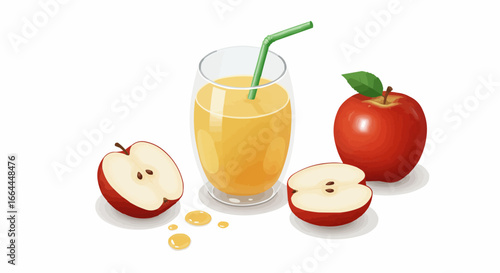 Fresh Apple Juice in Glass with Red Apples and Slices, Healthy Fruit Drink Illustration on White