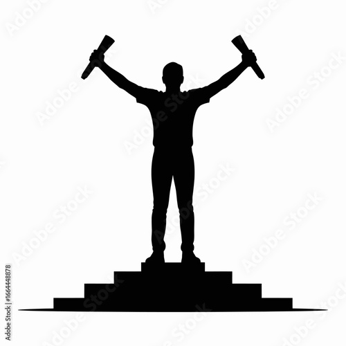Triumphant Silhouette on Podium with Torches Raised
